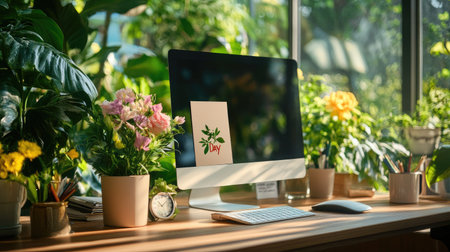 A cozy home office scene featuring a computer on a wooden desk, surrounded by vibrant plants and floral arrangements, creating a serene and inspiring workspace.の素材
