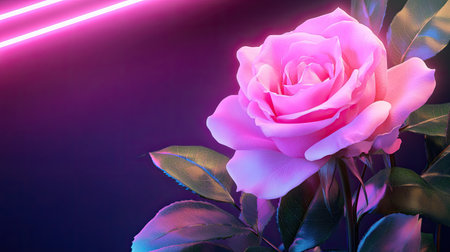 A stunning pink rose illuminated by neon lights, set against a dark background. This artwork captures the vibrant beauty of nature with a modern twist, perfect for creative projects.の素材