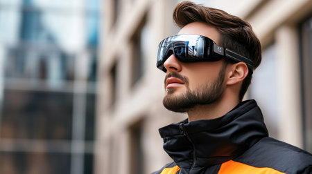A young man confidently poses outdoors in stylish sunglasses and a modern jacket. His thoughtful gaze captures a sense of contemporary urban fashion and attitude.の素材