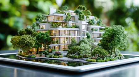 This captivating model features modern sustainable architecture, showcasing a harmonious blend of buildings and lush greenery. Ideal for design enthusiasts.の素材