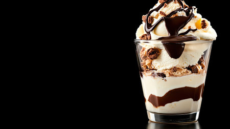 A beautifully presented ice cream sundae featuring layers of vanilla ice cream, rich chocolate, and delightful toppings. The perfect sweet treat for any occasion.の素材