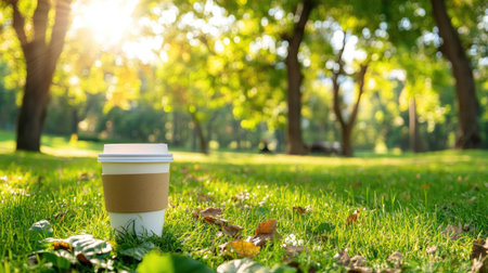 A serene scene features a coffee cup on lush green grass bathed in warm sunlight, embodying relaxation and joy in a beautiful park setting.の素材