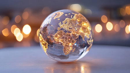 A beautifully illuminated globe showcased in crystal glass, highlighting detailed continents in a sparkling background. Ideal for themes of travel and exploration.の素材