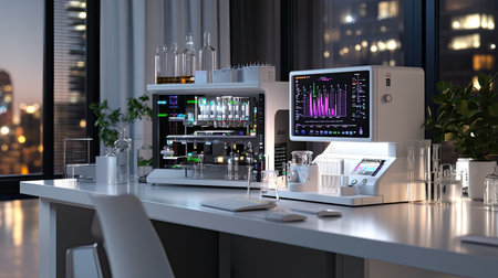 A sleek modern laboratory featuring advanced scientific instruments and equipment. The scene captures an organized workspace with high-tech devices against a nighttime city backdrop, highlighting innovation in research.の素材