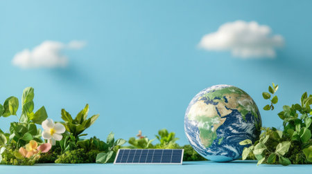 Captivating visual of Earth surrounded by lush greenery and a solar panel, symbolizing sustainable energy solutions and environmental conservation ideals.の素材