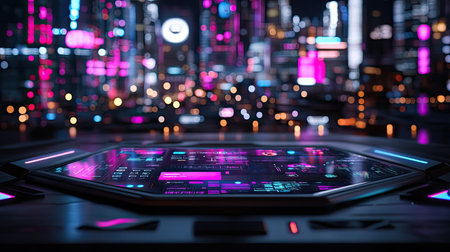 A futuristic control panel glows vibrantly amidst a neon-lit cityscape at night. This digital interface showcases advanced design and technology, capturing urban beauty.の素材