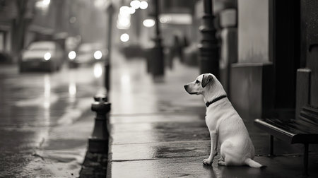 A serene black and white photograph capturing a dog sitting alone on a rainy street. The image evokes feelings of solitude and loyalty amid an urban setting.の素材