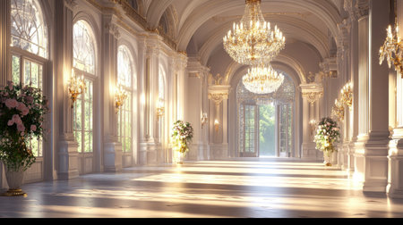 A stunning ballroom featuring grand chandeliers and floral arrangements, illuminated by soft sunlight. This elegant space offers a luxurious atmosphere ideal for events.の素材