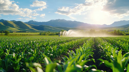 A vibrant agricultural scene featuring lush green crops and an irrigation system under a wide blue sky with fluffy clouds, representing nature beauty and farming innovation.の素材