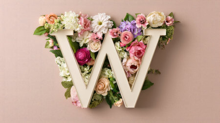This decorative letter W showcases a beautiful floral arrangement, perfect for home decor or special events. The soft colors and fresh blooms create an inviting atmosphere.の素材