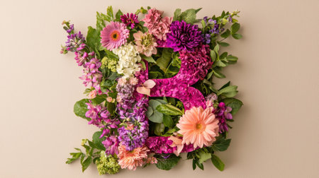 A vibrant floral arrangement displaying the initial letter B, crafted with assorted flowers on a soft beige background, perfect for decoration and celebrations.の素材