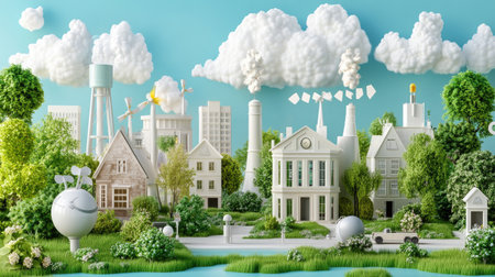 A vibrant urban scene showcasing eco-friendly buildings, green technology, and lush nature elements, illustrating a harmonious relationship between city life and sustainability.の素材