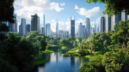A stunning urban landscape showcasing a blend of lush greenery and modern skyscrapers. This image captures the harmony between nature and architecture, with serene waters reflecting the vibrant city life.の素材
