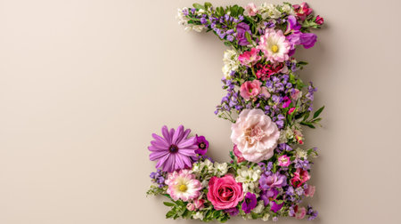 Vibrant floral arrangement shaped like the letter L, featuring various blossoms in shades of pink and purple, perfect for celebrations and creative designs.の素材
