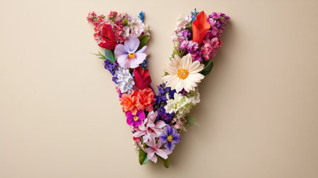 A stunning floral arrangement in the shape of the letter V, featuring an array of colorful blooms. Perfect for spring-themed designs or decorative purposes.の素材