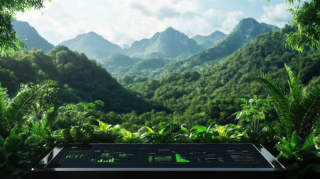 A futuristic digital interface is set against a breathtaking mountain landscape, highlighting the harmony between technology and nature in a peaceful environment.の素材