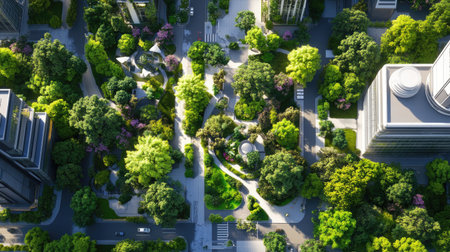 An exquisite aerial view showcasing a vibrant urban garden amidst contemporary skyscrapers, highlighting lush greenery, winding pathways, and serene spaces ideal for relaxation and community engagement.の素材