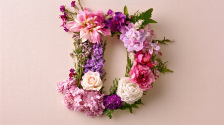Colorful floral arrangement forms a decorative letter on a soft wall backdrop, ideal for home decor, events, or celebrations. Perfect for showcasing creativity and beauty.の素材