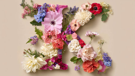 This artistic arrangement features the letter K beautifully crafted from colorful flowers, showcasing a blend of vibrant hues and textures, perfect for decoration.の素材