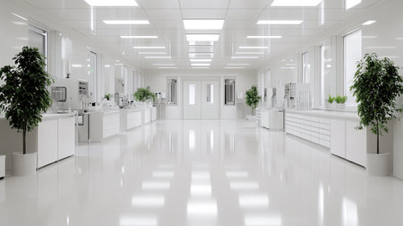 Bright and modern laboratory interior featuring white surfaces, plants, and abundant lighting. Ideal for scientific research and innovative workspace projects.の素材