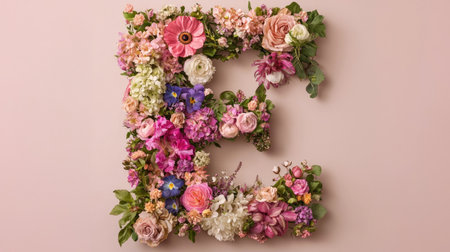 Vibrant floral arrangement forming the letter E, showcasing an array of colorful blossoms. Ideal for events, celebrations, and decorative needs, bring beauty indoors.の素材