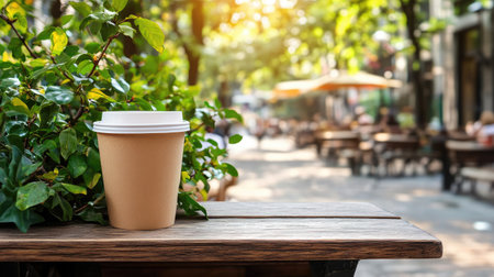 A brown coffee cup sits on a wooden table surrounded by lush greenery in an inviting urban outdoor cafe. Perfect for showcasing morning relaxation or casual lifestyle.の素材