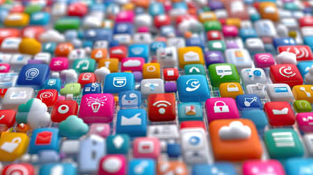 A vibrant collection of mobile application icons arranged on a digital backdrop, showcasing the diversity and innovation in technology. Perfect for tech-related visuals.の素材