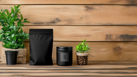 This image features black packaging alongside green plants and coffee beans set on a wooden surface. It evokes a cozy, modern decor feel, perfect for organic and lifestyle branding.の素材