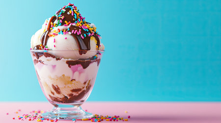 A delicious ice cream sundae topped with rich chocolate sauce and colorful sprinkles. Perfect for a sweet treat during summer celebrations or casual gatherings.の素材