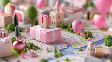 This vibrant 3D illustration features a whimsical landscape with colorful gifts, balloons, and charming buildings, perfect for celebrating joy and creativity.の素材