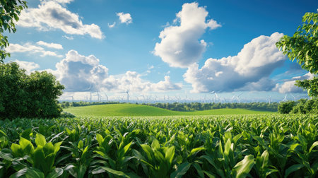 A picturesque view of a lush green field adorned with wind turbines, under a vibrant blue sky filled with fluffy clouds, symbolizing renewable energy.の素材