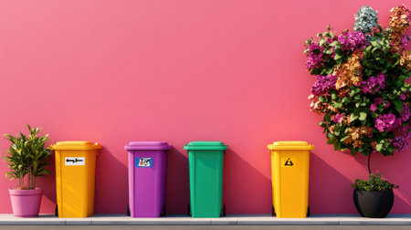 A vibrant scene featuring colorful trash bins lined up against a pink wall, adorned with lush flowers and plants, emphasizing urban aesthetics and environmental awareness.の素材