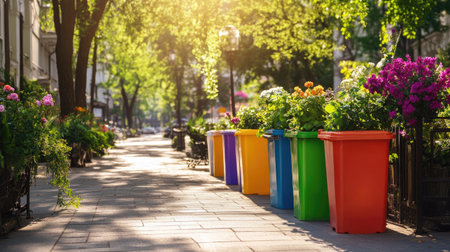 A charming urban scene featuring colorful trash bins lined along a flower-filled walkway, bathed in warm sunlight, showcasing a blend of nature and city life.の素材