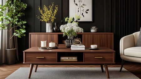 A stylish modern living room featuring a wooden coffee table adorned with elegant flowers and decor elements, creating a cozy and inviting atmosphere.の素材