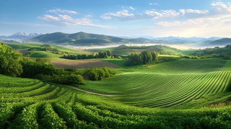 A picturesque view of lush green rolling hills adorned with vineyards, framed by distant mountains. The soft morning light and gentle mist create a tranquil atmosphere perfect for nature lovers.の素材