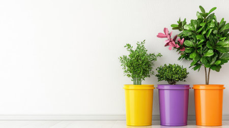 Brightly colored potted plants enhance a minimalist indoor space, bringing life and tranquility. Perfect for home decor, wellness, and nature lovers.の素材