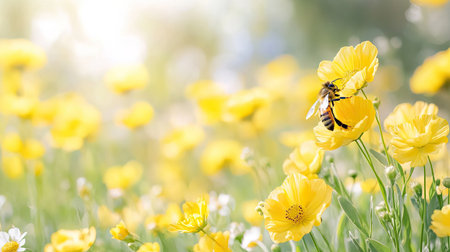 A close-up view of vibrant yellow flowers in a sunlit field, with a bee pollinating. This serene nature scene captures the beauty of springtime wildlife and ecosystems.の素材