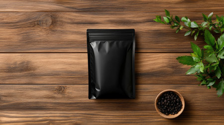 A top view of a black packaging bag sits on a rustic wooden table, surrounded by herbs and spices. This image captures the essence of organic aesthetics and culinary freshness.の素材