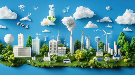 This vibrant cityscape depicts a sustainable future, showcasing eco-friendly innovations, renewable energy sources, and lush greenery in a harmonious urban environment.の素材