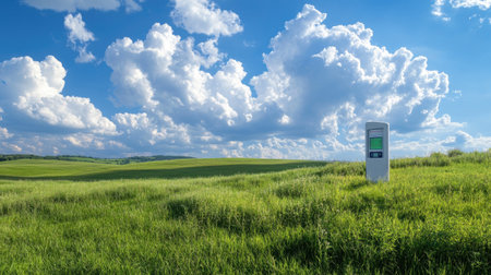 A green charging station stands prominently in an expansive field, under a vibrant sky filled with fluffy clouds. This image portrays a fusion of nature and technology, emphasizing sustainable energy solutions.の素材