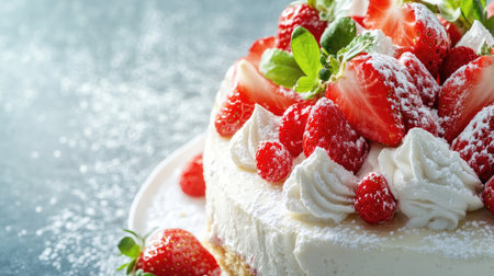 A stunning strawberry cream cake topped with fresh strawberries and raspberries, dusted with powdered sugar, perfect for any celebration or special occasion.の素材