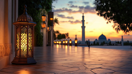 Beautiful lanterns light a serene pathway at sunset, enhancing the charm of an architectural landmark. The scene evokes tranquility and warmth, perfect for relaxation.の素材