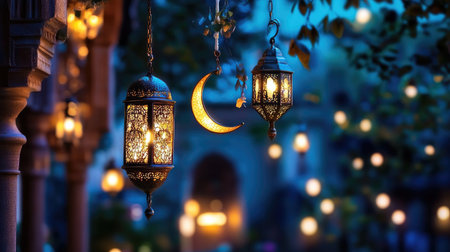 Ethereal scene featuring decorative lanterns and a crescent moon casting a warm glow in a tranquil night setting, creating an enchanting ambiance perfect for evening gatherings.の素材