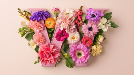 A stunning floral arrangement featuring colorful flowers creatively placed on the letter W. Perfect for spring-themed designs, decorations, and artistic projects.の素材