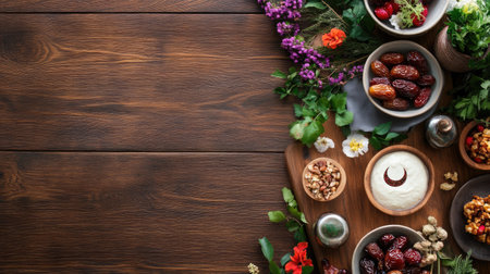 A beautiful arrangement of traditional Middle Eastern ingredients, featuring dates, fresh herbs, and vibrant flowers against a rustic wooden backdrop, perfect for culinary inspiration.の素材