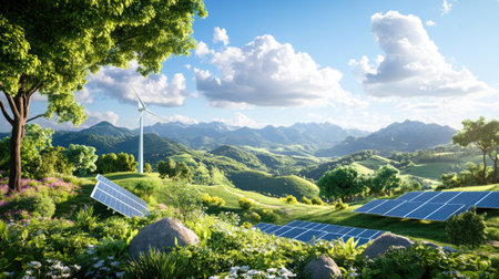 A vibrant landscape featuring solar panels and a wind turbine, surrounded by lush greenery and mountains. This scene represents renewable energy in harmony with nature.の素材