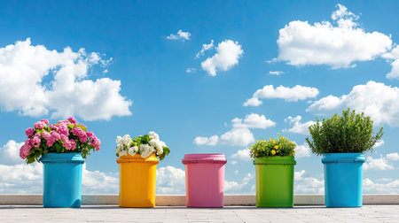 Vibrant flower pots in various colors set against a bright blue sky filled with fluffy white clouds create a cheerful and inviting outdoor scene perfect for gardening enthusiasts.の素材