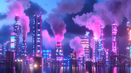 A stunning industrial cityscape at night, showcasing towering factories illuminated with neon lights and billowing smoke. The vibrant atmosphere highlights the blend of technology and environmental impact.の素材