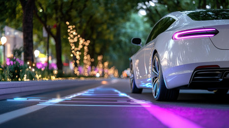 A futuristic electric car parked on a vibrant city street, featuring colorful neon lights and a lush tree-lined environment, showcasing modern urban living.の素材