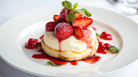 A mouthwatering dessert featuring a creamy layer topped with fresh strawberries and mint. Perfect for celebrations, this sweet treat embodies culinary elegance.の素材